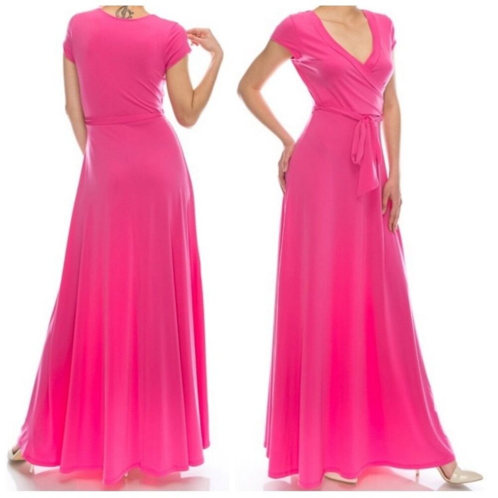 Janette Fashion Pink Solid Faux Wrap Cap Sleeve Causal Maxi Dress